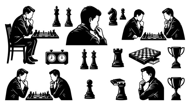 Monochrome Glyph Chess Game Elements: Players, Pieces, Board, Clock, Trophy - Black  White Vector Illustration