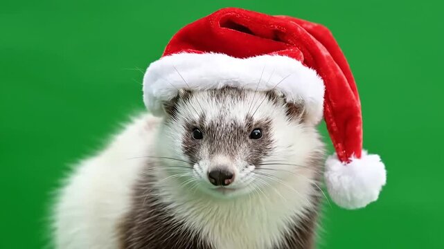 Adorable stoat wearing a festive red Santa hat against a vibrant green background, celebrating the holiday season.