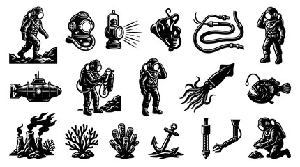 Obraz premium Deep Sea Exploration Scuba Diving Vector Illustrations Set - Vintage Engraving Style Oceanography Theme
