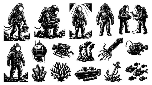 Black and White Vintage Line Art Set of Deep Sea Divers, Submarines, Marine Life, and Underwater Gear