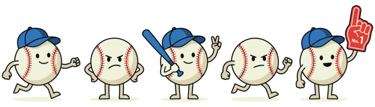 Five cartoon baseballs with arms and legs are depicted in various actions including one holding a bat and another wearing a No 1 foam finger sports funny character game illustration