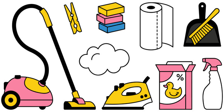 Collection of cartoon style domestic cleaning and laundry items including a vacuum iron spray bottle dustpan and brush clothespin paper towels and detergent box housework