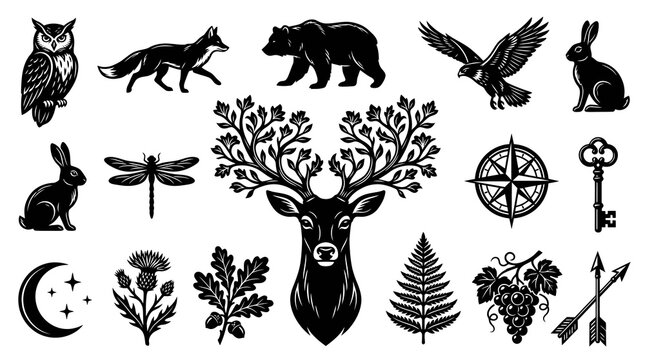 Black and white vector illustration of woodland animals, flora, and nature symbols in line art style for microstock