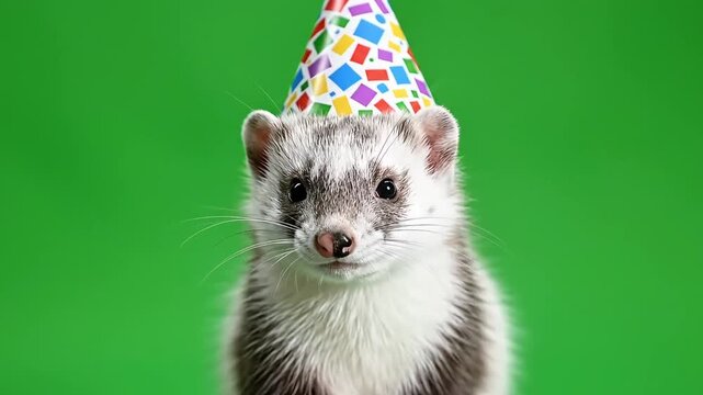 Adorable stoat wearing a colorful party hat on a vibrant green background, celebrating a special occasion.