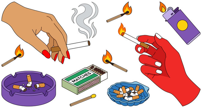 Collection of illustrated elements featuring hands holding cigarettes lit matches a lighter and ashtrays with cigarette butts 177 characters smoking nicotine addiction habit
