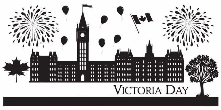 Victoria day silhouette illustration with canadian parliament buildings and fireworks