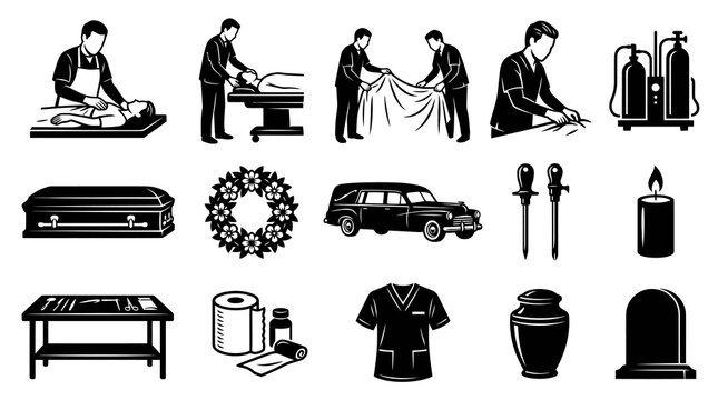 Mortuary and Funeral Services Glyph Icons Set. Black  White Embalming and Death Care Symbols.