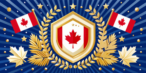 canada day emblem with maple leaf flags and laurel wreath vector © Subarna