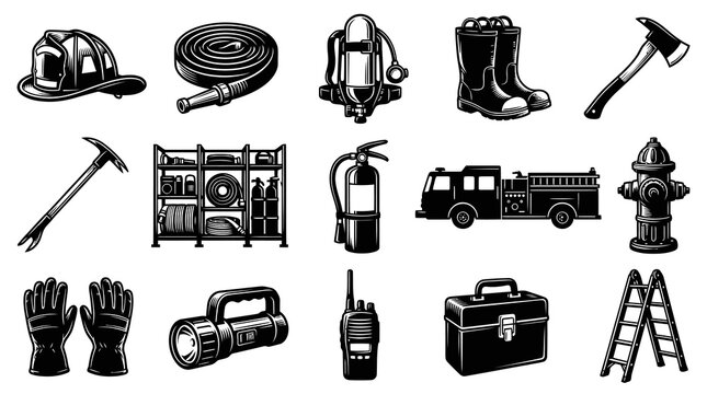 Black and White Vector Illustration: Firefighting Equipment and Emergency Services Tools Icon Set