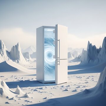 Surreal Refrigerator in a Frozen Landscape with a Swirling Vortex Inside.