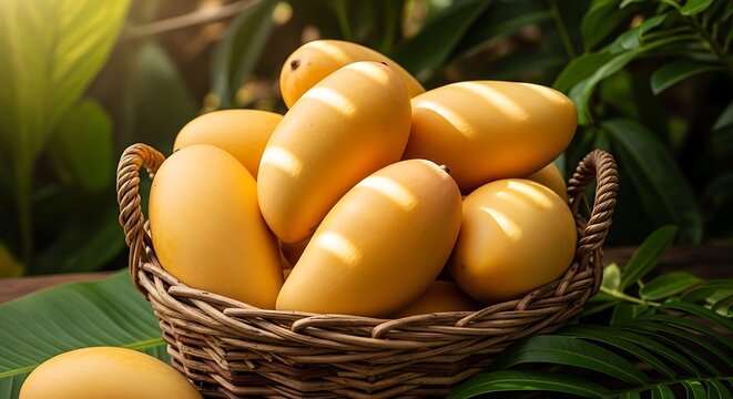 Fresh yellow mangoes in a woven wicker basket sitting on a rustic wooden table in a sunny garden. ataulfo mango