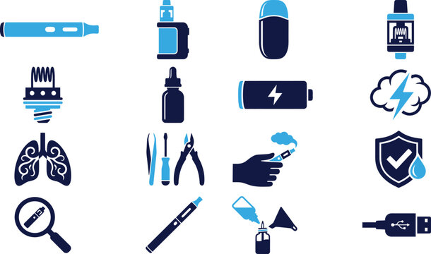 Vaping device icons for electronic cigarettes and accessories, e-liquid, batteries, and health-related symbols.