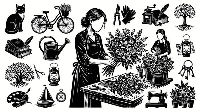 Black  White Engraving Style Vector Set of Hobbies, Crafts, Floristry, and Lifestyle Elements