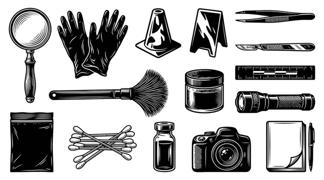 Forensic Science Crime Scene Investigation Tools Vector Set. Black  White Line Art Equipment Illustration