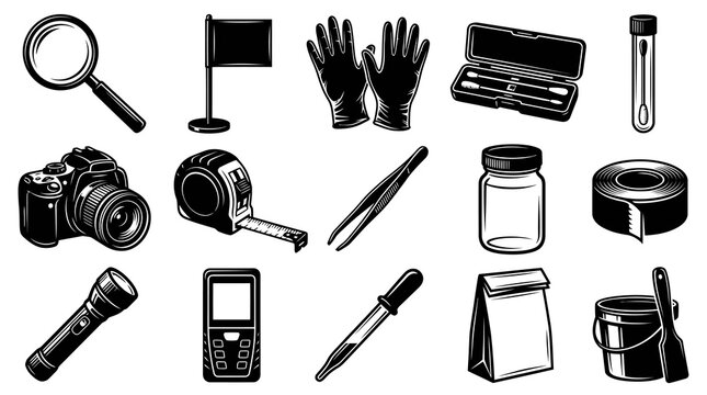 Forensic Crime Scene Investigation Tools Black  White Vintage Engraving Line Art Icons Set