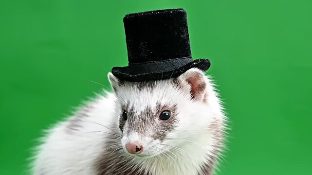 Cute stoat wearing a tiny black top hat on a vibrant green background, looking elegant and playful.