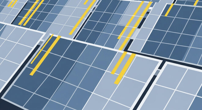 solar panel array with yellow busbars on blue photovoltaic cells close-up