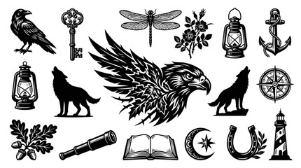 Obraz premium Black White Line Art Vintage Symbols: Eagle, Wolf, Raven, Compass, Anchor, Lighthouse, Book
