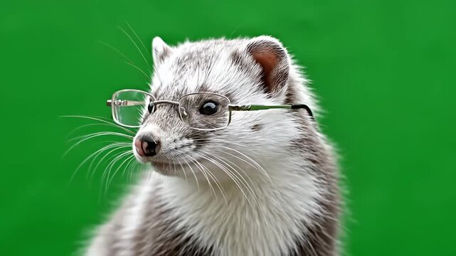 Cute stoat wearing eyeglasses on a vibrant green background, looking intelligent and curious.