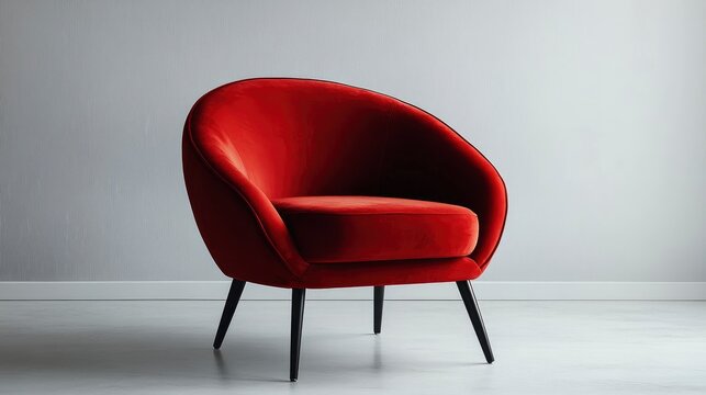 Red velvet armchair showcasing curved silhouette in minimalist interior with ribbed wall texture for high-end furniture brand advertising
