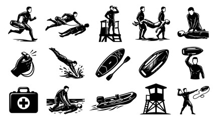Obraz premium Lifesaving and Water Rescue Black and White Glyph Vector Icons Set for Beach Safety and First Aid