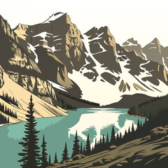 Colorful mountain landscape with turquoise lake and pine forest vector, mountain © h