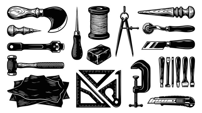 Leather Crafting Tools Set. Vintage Engraving Style Black and White Illustration of Leatherworking Equipment  Supplies for Handcraft.