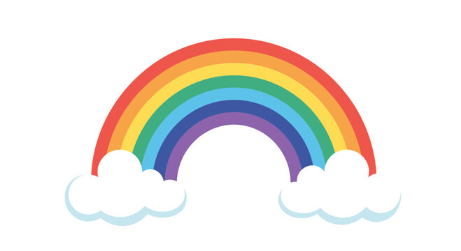 Colorful rainbow with white fluffy clouds vector illustration