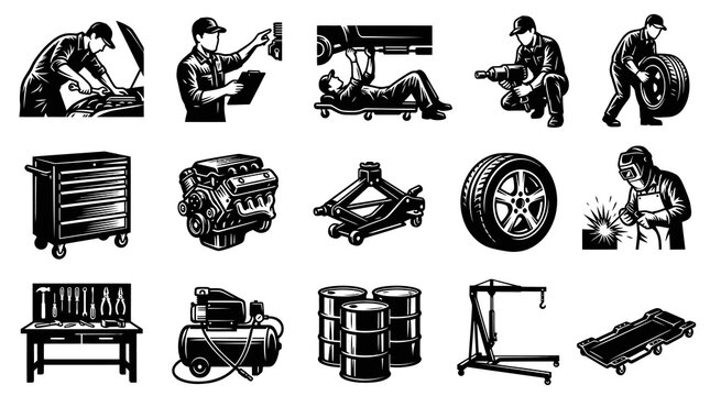 Automotive Mechanic and Car Repair Service Black and White Line Art Vector Icons Set. Garage Tools, Equipment, and Workers Illustrations.