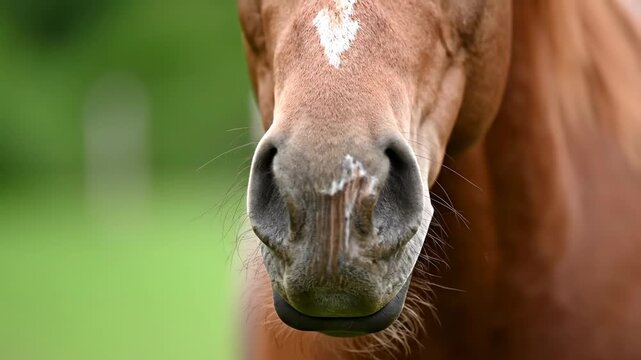 Close-up of a brown horse's nose and muzzle, against a blurred green backdrop