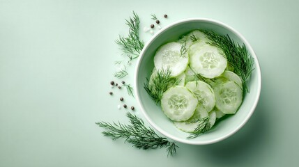 Obraz premium Cucumber dill salad placed on pastel green background with monochromatic styling, subtle tonal differences creating depth without strong contrast