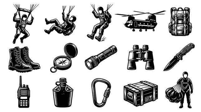 Military Paratrooper Gear and Equipment Black and White Vector Illustration