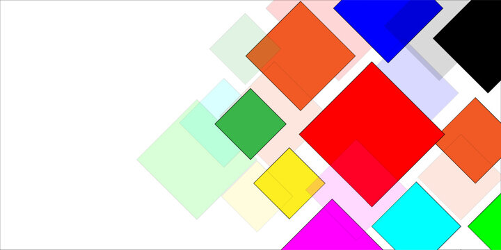 Vibrant abstract background featuring a creative composition of colorful overlapping diamond shapes and translucent squares on a clean white backdrop.