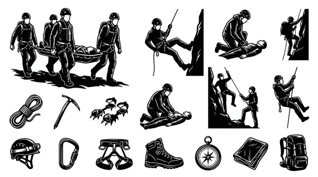Mountain Climbing and Rescue Team with Essential Gear Set in Vintage Black and White Illustration Style - Outdoor Adventure Safety Graphic Collection