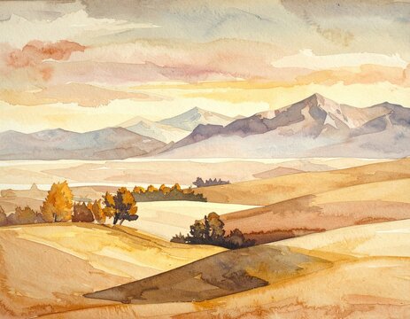 Watercolor landscape of rolling hills, mountains, and sky