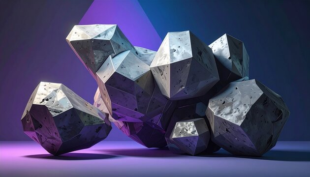 Multi-dimensional layouts with clunky 3D shapes with rock like texture