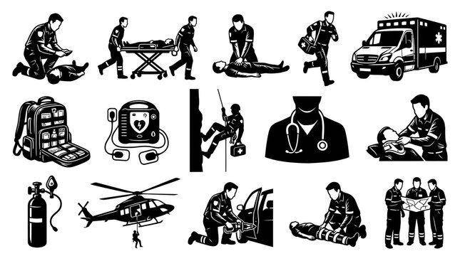 Emergency Medical Services Paramedic First Responder Black and White Illustration Set. Graphic Vector Pack Depicting EMTs, Ambulance, AED, Helicopter Rescue, and Medical Equipment.