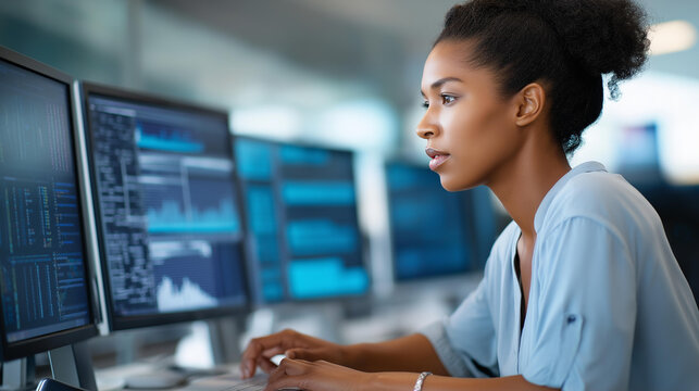 Focused woman studying data on multiple computer screens, data analyst professional concept, tech office photography, with copy space
