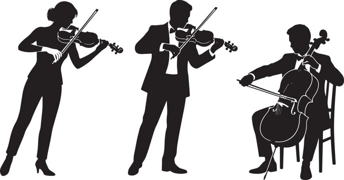 Classical musicians performing silhouette, violinists and cellist playing instruments, elegant orchestral trio, professional string ensemble concert, musical performance vector icon.