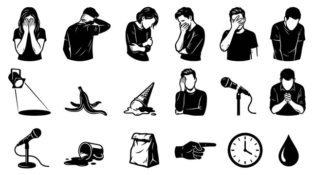 Black and White Glyph Icons of People Crying, Sadness, and Public Speaking Embarrassment