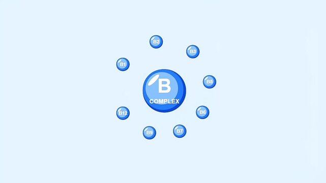Vitamin B Complex Molecule Symbol with Bubbles on Light Blue Background