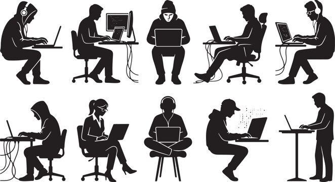 Computer user and programmer silhouette collection set, people working on laptops and desktops, diverse coders and hackers, professional tech office icons.