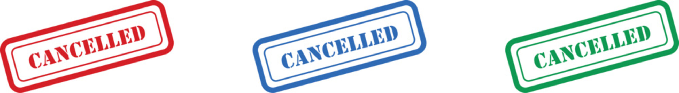 Set of red blue and green rectangular stamps displaying the word CANCELLED on white
