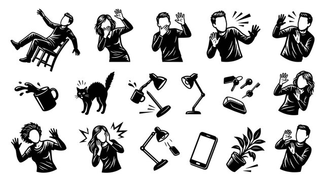 Black and White Line Art Icons of People Frightened by Spilled Coffee, Cat, Falling Lamp, and Other Mishaps