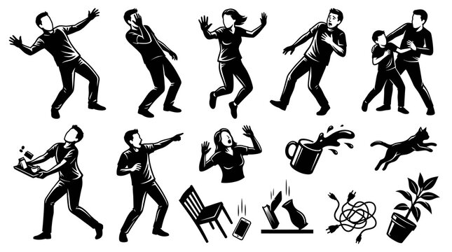 Black and White Line Art Icon Set of People in Dramatic Situations, Falling Objects, and Cat