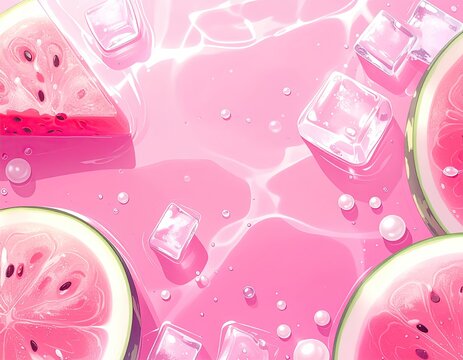 Pink, watery scene with watermelon and ice