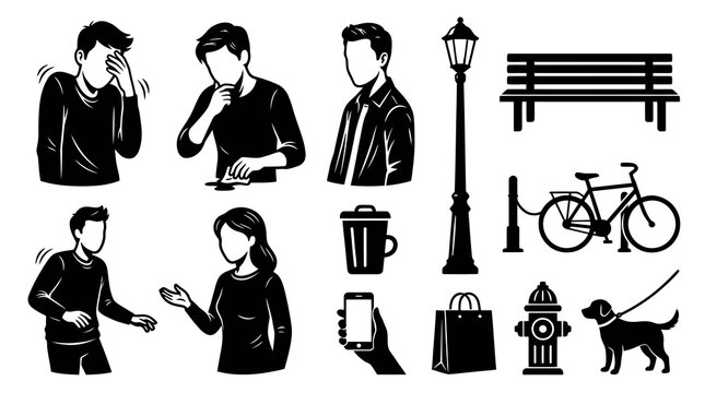 Everyday Life and Urban Lifestyle Black and White Glyph Icons Set. Monochrome vector collection of people, city objects, and daily items in silhouette art style.