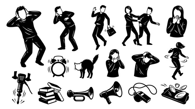 Black and White Glyph Icons Representing Noise Pollution, Annoyance, and Stress