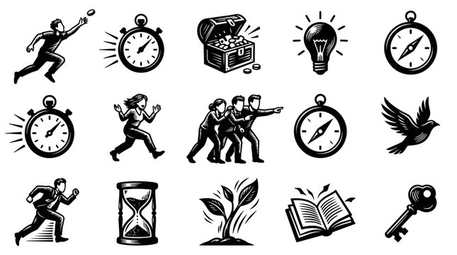Black and White Line Art Icons: Business Concepts - Running Man, Stopwatch, Treasure Chest, Idea Bulb, Compass, Birds, Teamwork, Hourglass, Growth Plant, Book, Key