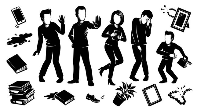 Everyday Accidents and Mishaps Black  White Glyph Vector Illustration. People reacting to spilled liquids, broken items, and common problems causing stress.